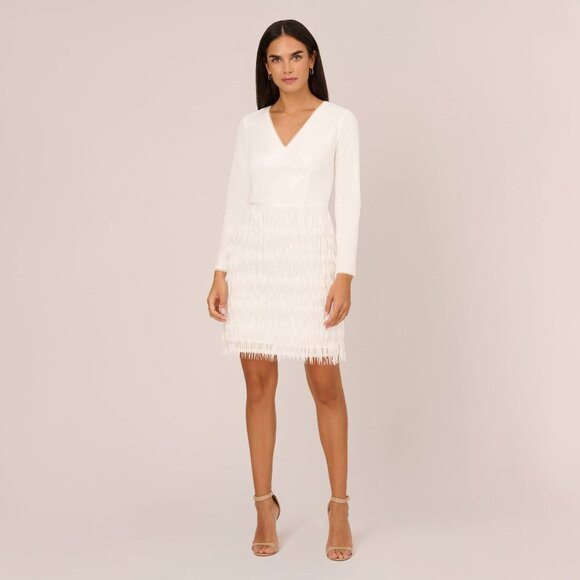 Adrianna Papell Long Sleeve Sequin Fringe Cocktail Dress In Ivory Size 4Ivory / - Picture 1 of 3